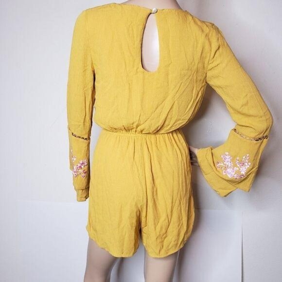 Miami Yellow Long Sleeve Wrap Romper Embroidered Bell Sleeves & Keyhole Back XXS - Picture 6 of 10